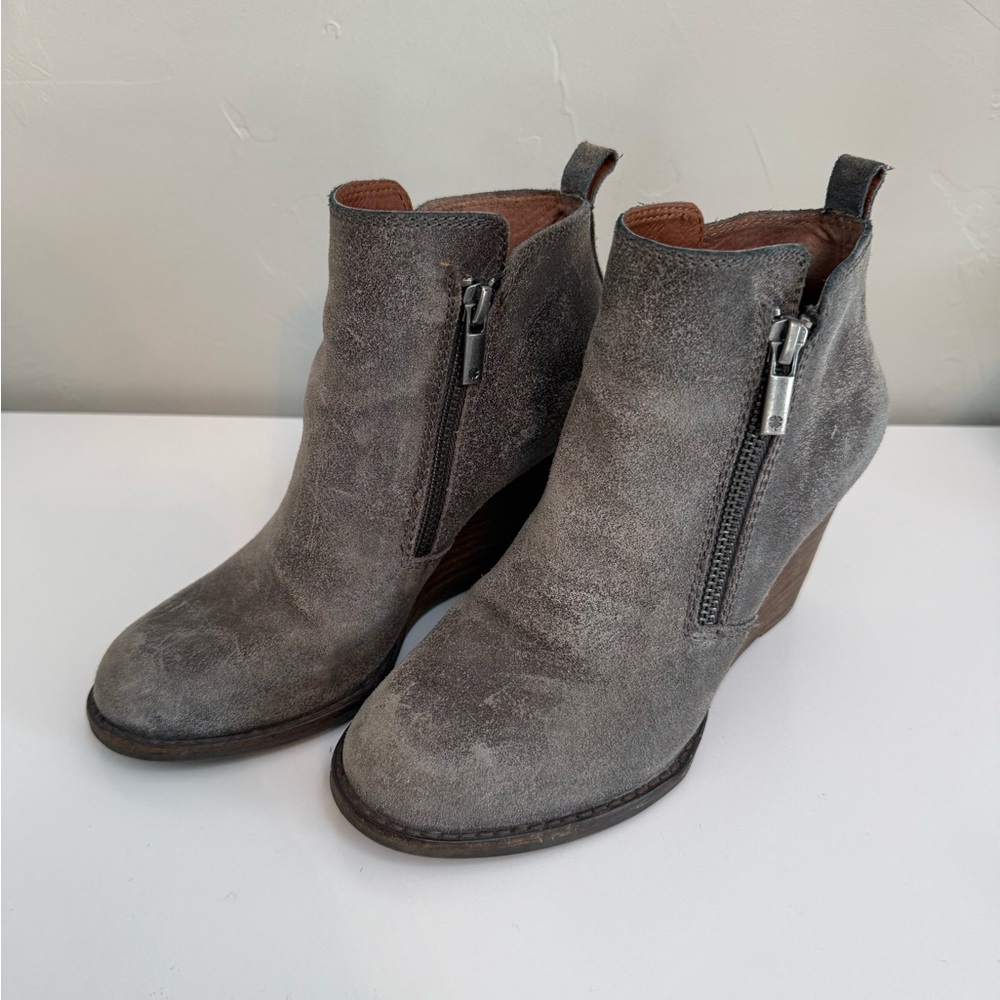 Lucky Brand Gray Ankle Wedge Booties Size 5.5 Double Zip